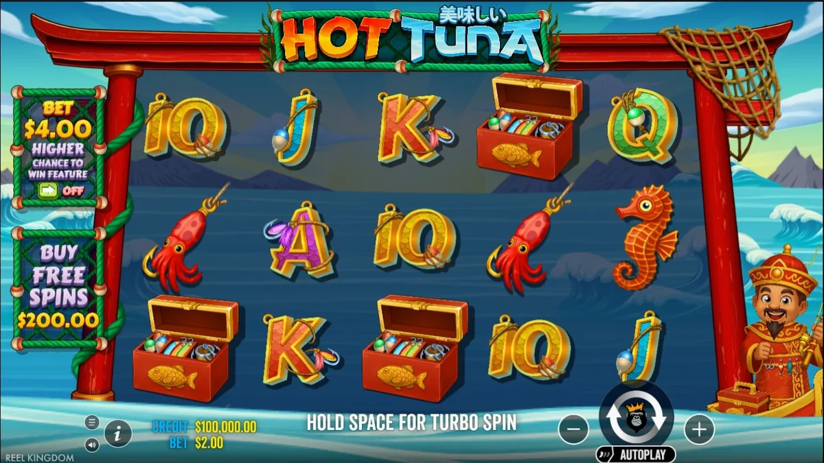 Interface do jogo Hot Tuna em um dispositivo móvel com tema de pesca asiática